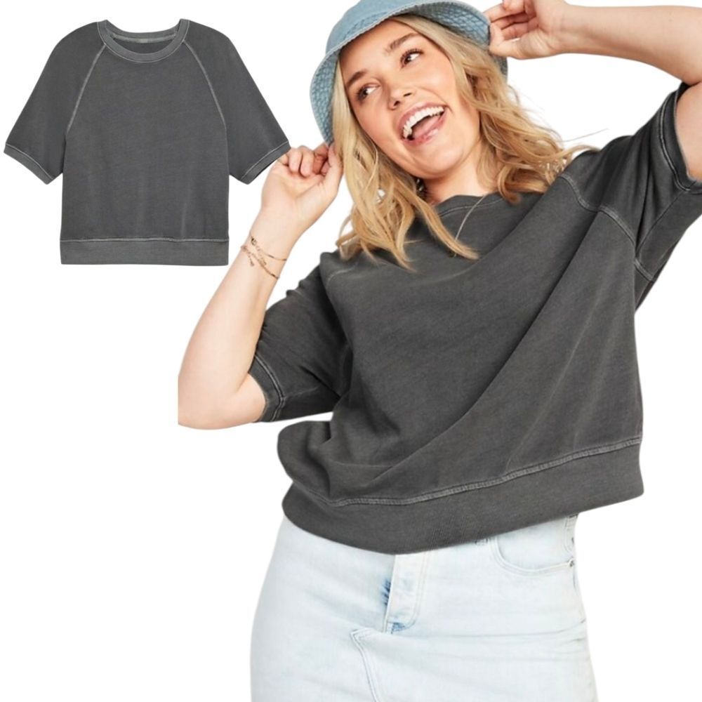 Gray Cotton  Garment-Dyed Elbow-Sleeve Summer Sweatshirt Size S